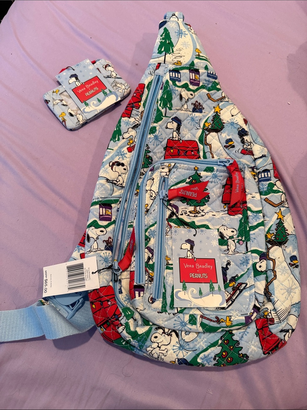 Vera Bradley x Peanuts Winter Snoopy Sling Bag - Light Blue with mini wallet